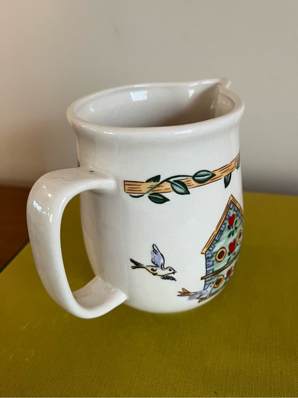 Hand-Painted Birdhouse Ceramic Pitcher in White - Picture 2 of 6